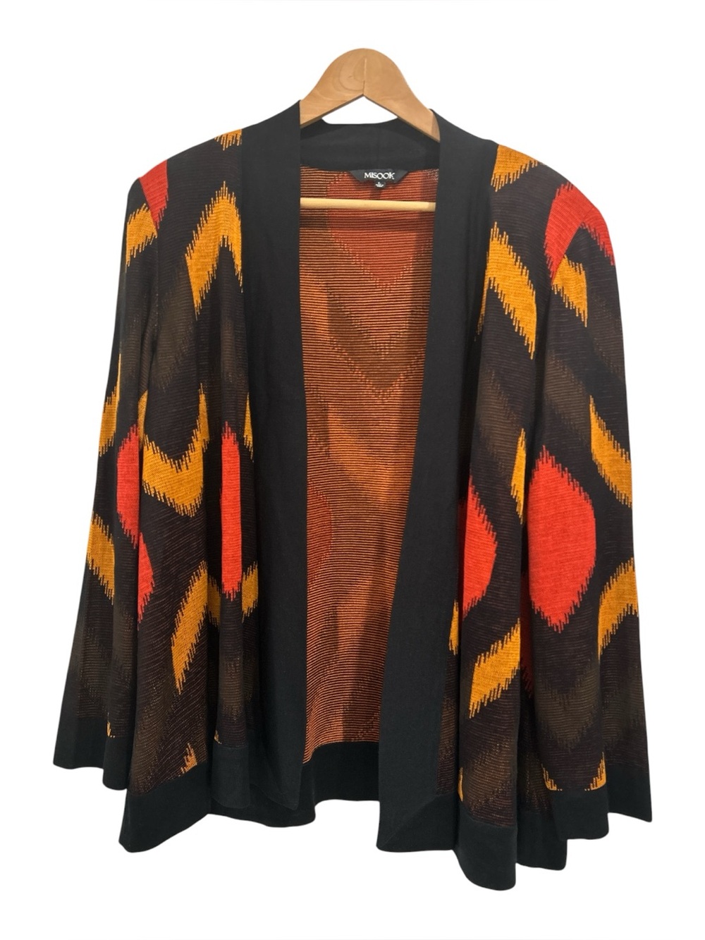 Misook Ikat Chevron Open Front Cardigan Sweater in Orange Black Gold - Large
